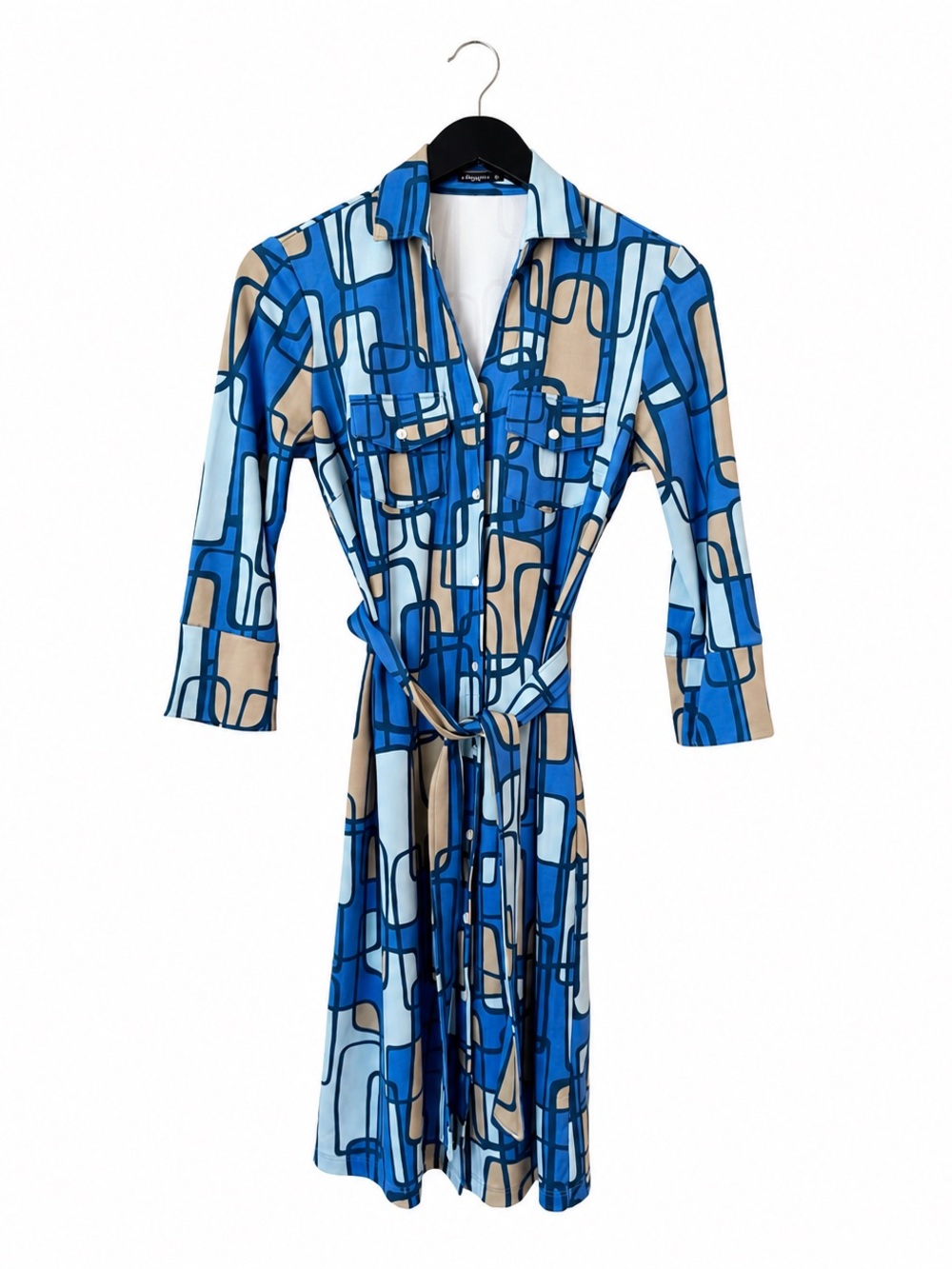 J. McLaughlin Brynn Knit Jersey Belted Dress Blue Geometric Print XS Stretch